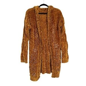 POL Chenille Yellow Open Front Embroidered Long Cardigan Sweater Duster MEDIUM